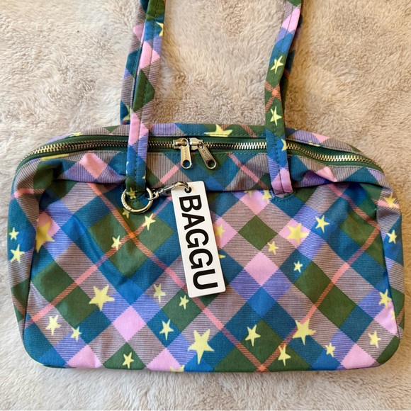 NWT BAGGU Nylon Bowler Bag Green Star Plaid - Picture 3 of 11